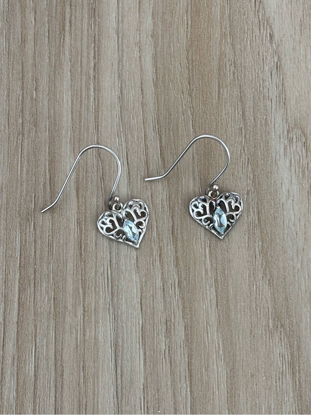 NWOT 925 Sterling Silver Heart Drop Earrings with Light Blue Crystal/ Aquamarine